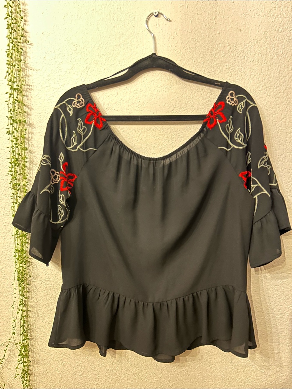 Candies Black Peplum Sheer Blouse with Floral Embroidery - Large - Picture 2 of 3